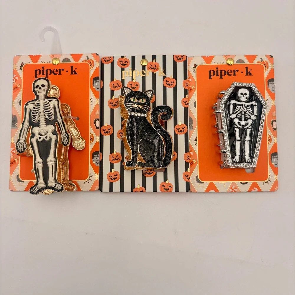 Piper K Halloween Hair Claw Clip Set Skeleton Black Cat Coffin Rhinestone